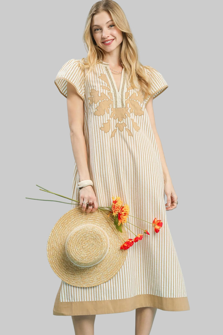 SHORT FLUTTER SLEEVE LACE TRIM STRIPED MIDI DRESS - LATTE