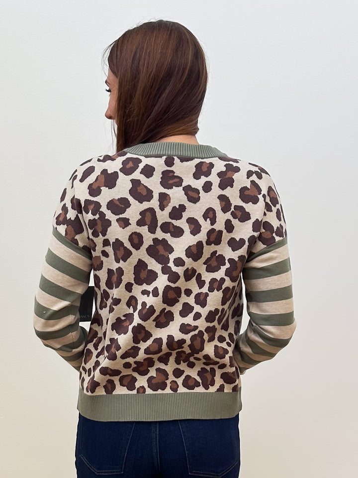 STRIPED SLEEVE LEOPARD BUTTON DOWN CARDIGAN - OLIVE