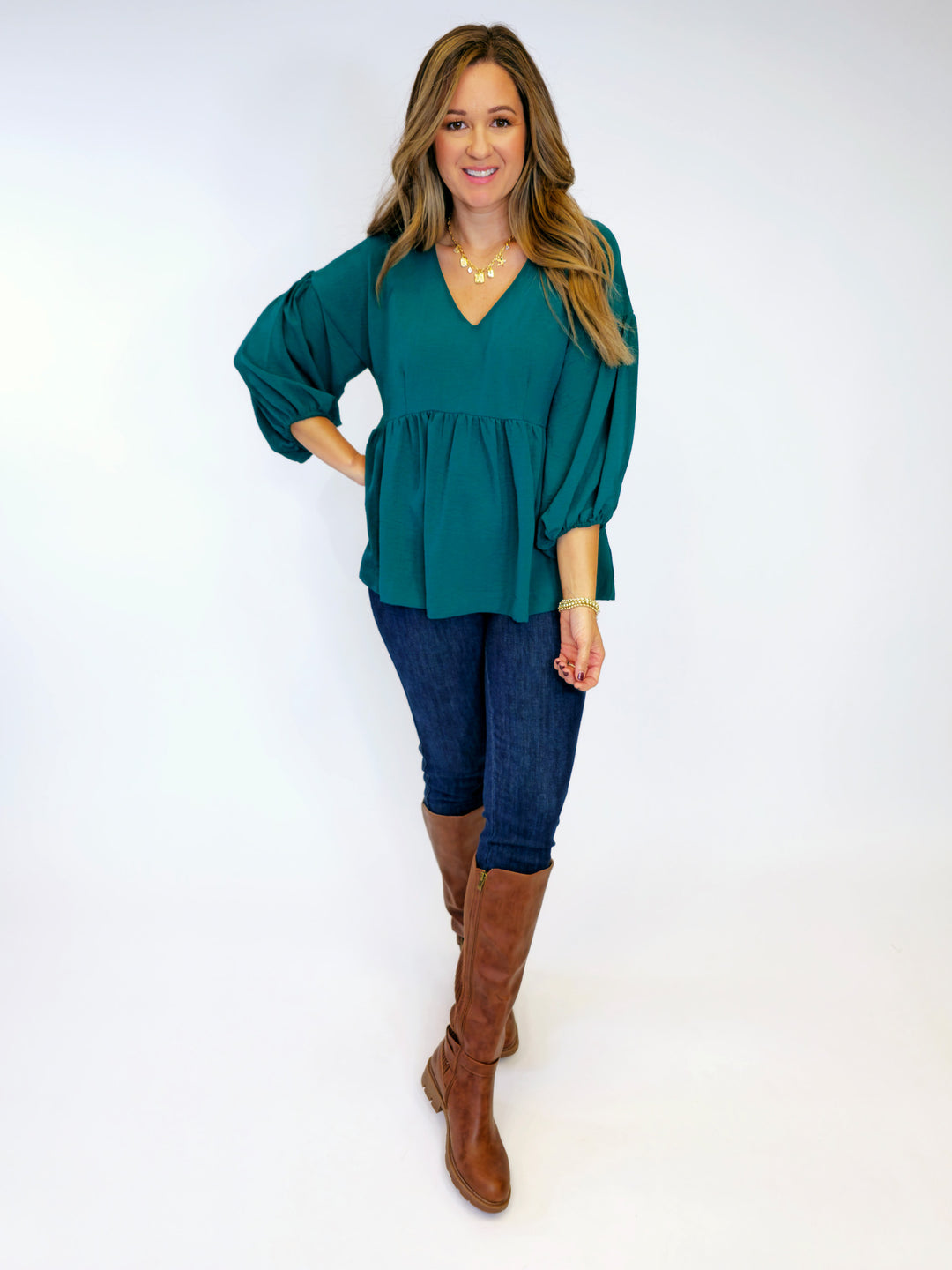 3/4 PUFFED SLEEVES V-NECK BABY DOLL TOP - HUNTER GREEN