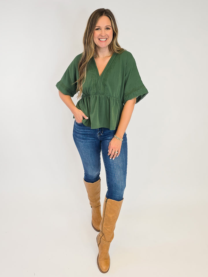 SOLID SHORT SLEEVE PEPLUM TOP W/LACE - OLIVE