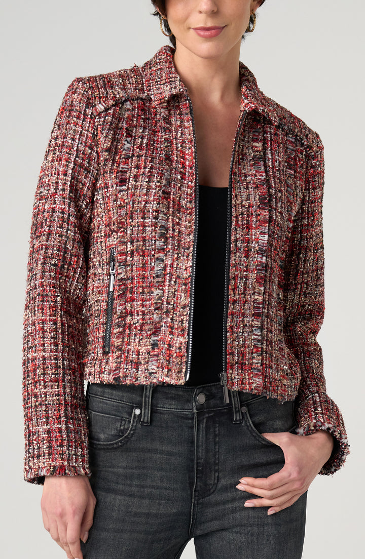 COLLARED ZIP JACKET W/FRINGE - RED MULTI