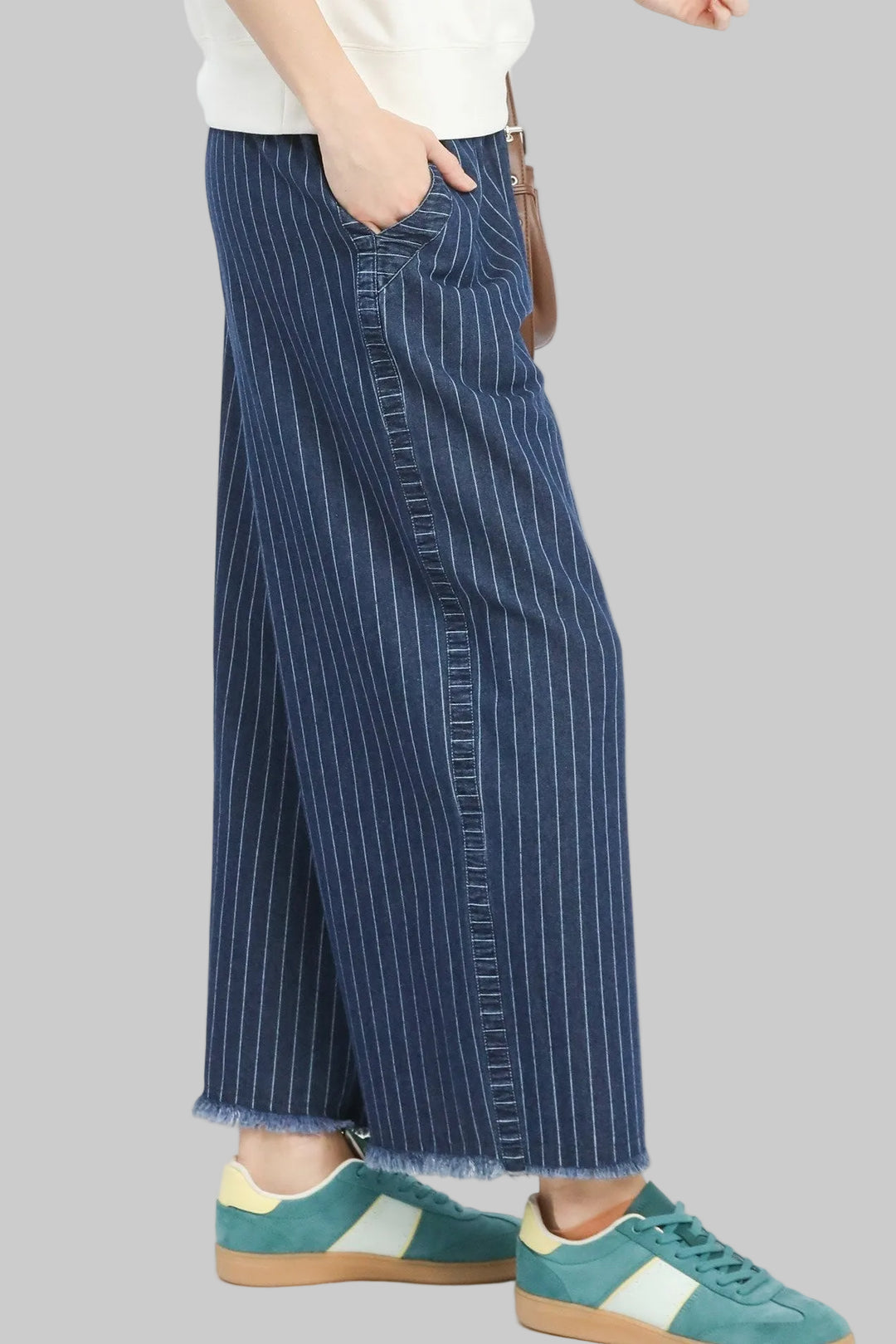 DENIM PINSTRIPE WIDE LEG PANTS - DARK DENIM