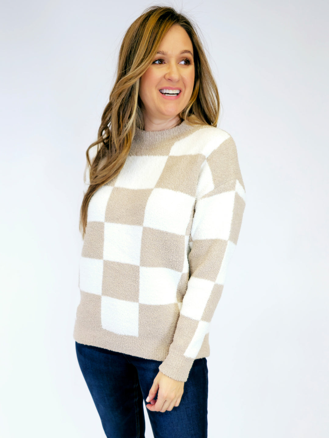 CHECKERED CREW NECK SWEATER - BEIGE