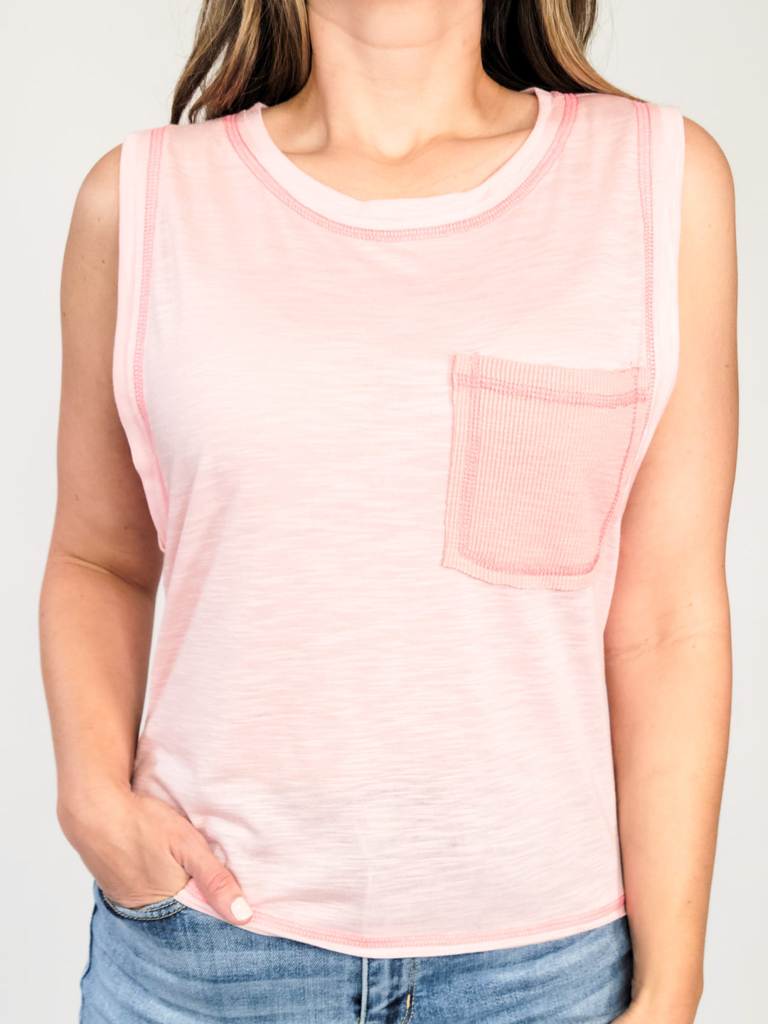 HIGH NECK SLUB KNIT TANK - BLUSH