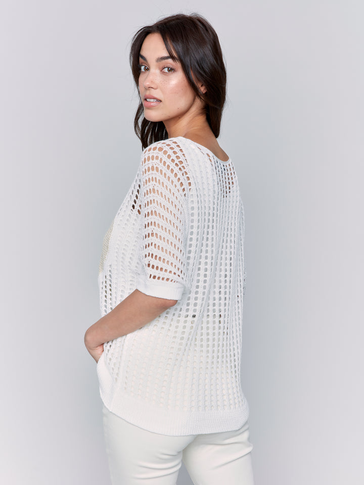 FISHNET V-NECK DOLMAN SWEATER W/HEART - WHITE