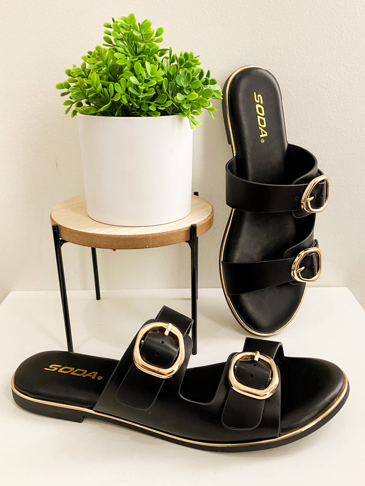 SODA DOUBLE BUCKLE ARINA SANDALS - BLACK/GOLD