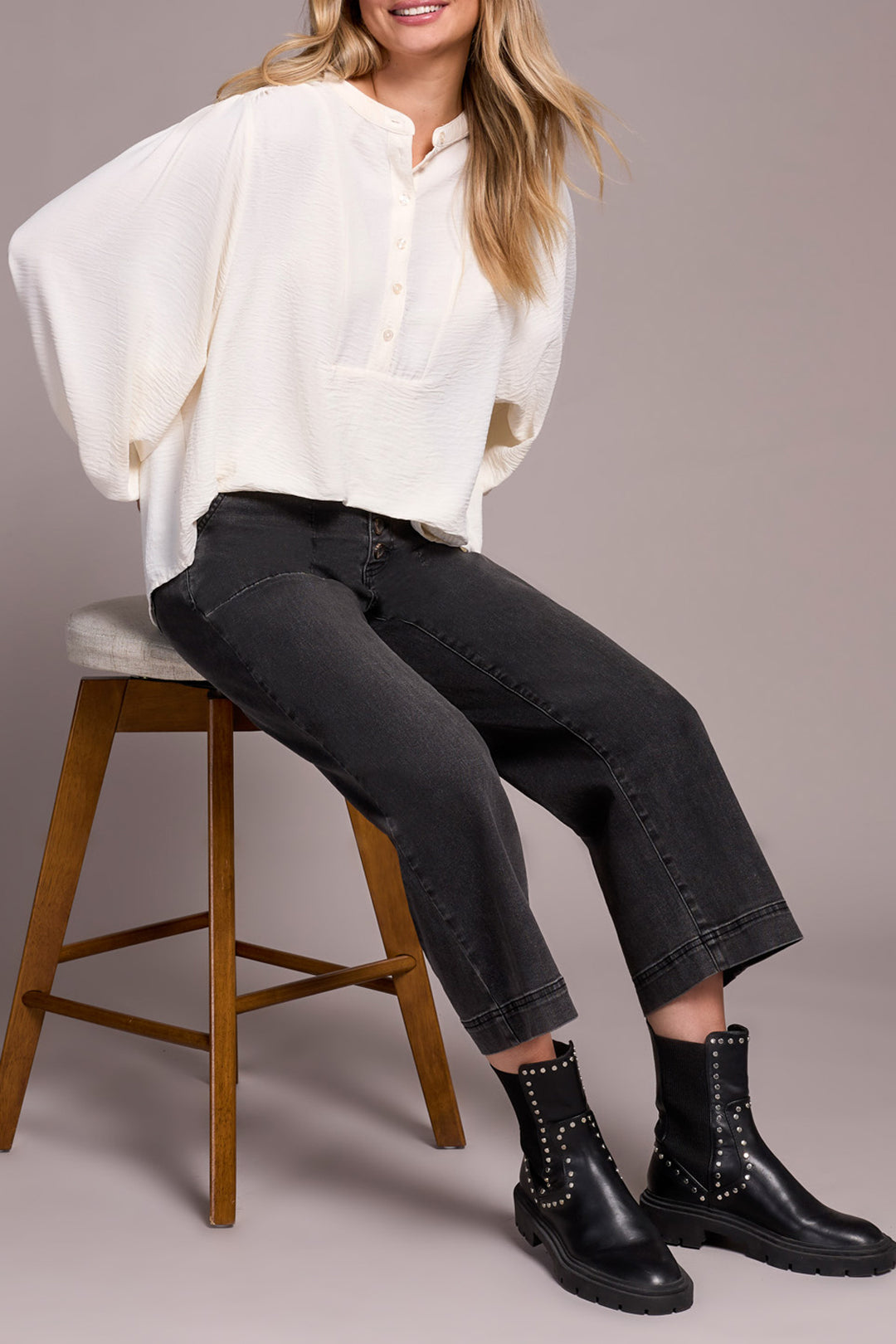 LONG SLEEVE BLOUSE W/FOLDED HEM - EGGSHELL