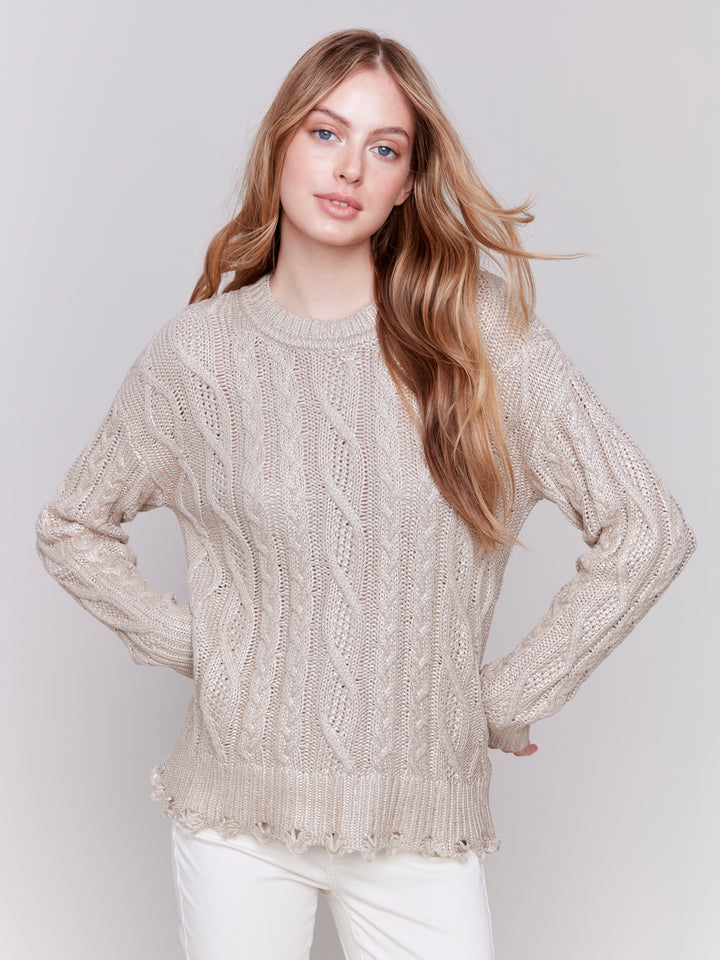 METALLIC CABLE KNIT SWEATER - CHAMPAGNE