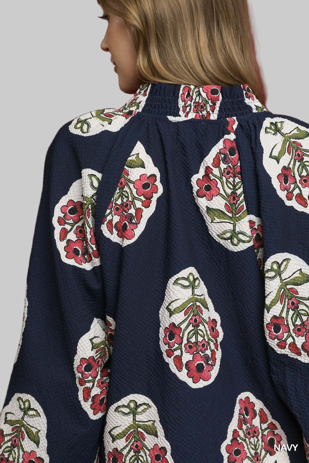BOHO FLORAL PRINT TUNIC TOP W/BORDER PRINT - NAVY
