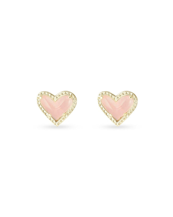 ARI HEART STUD EARRINGS - GOLD ROSE QUARTZ