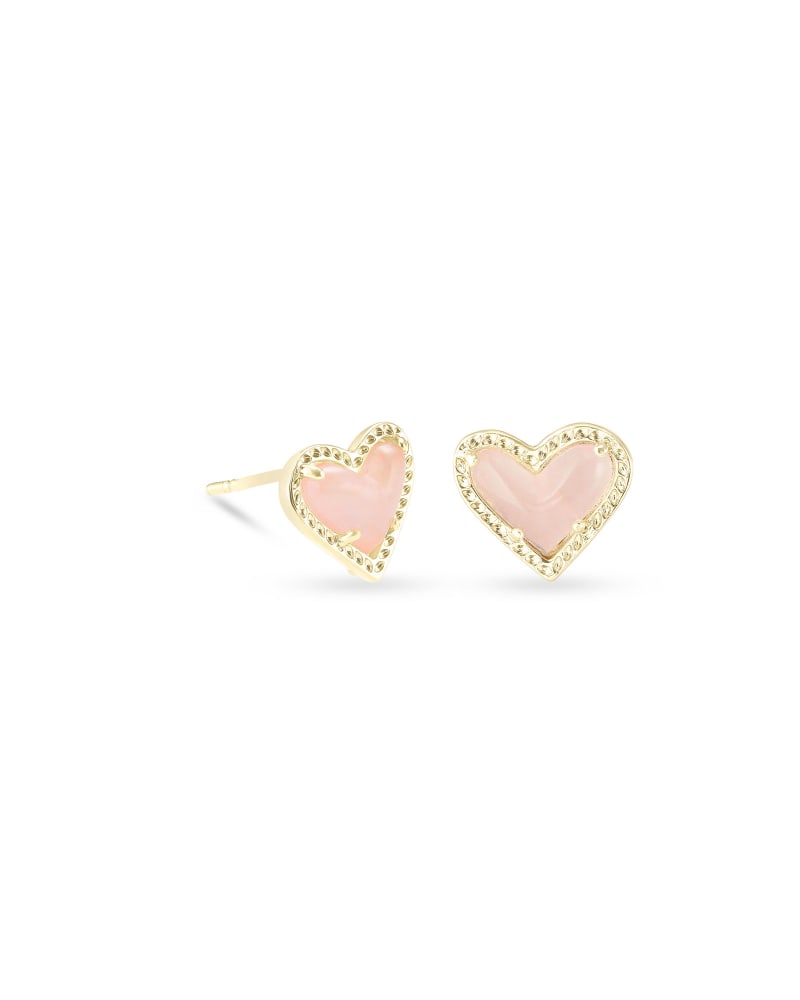 ARI HEART STUD EARRINGS - GOLD ROSE QUARTZ