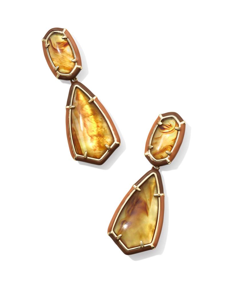 CAMRY ENAMEL FRAME STATEMENT EARRINGS - GOLD MARBLED AMBER ILLUSION