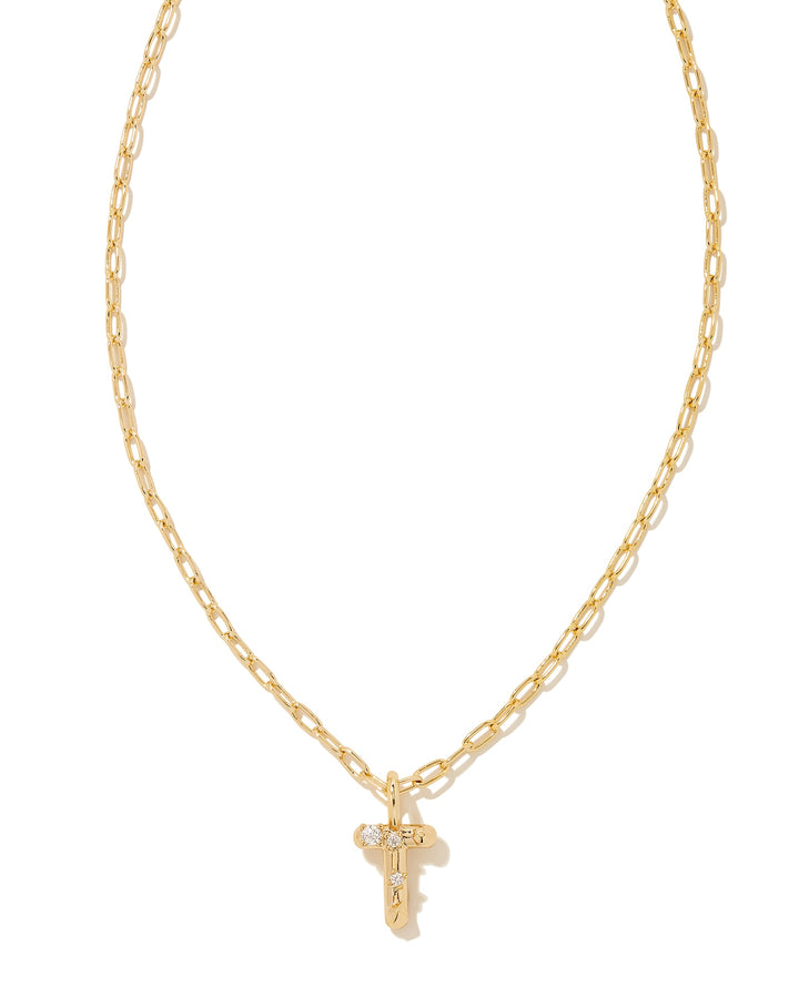 KENDRA SCOTT CRYSTAL LETTER T SHORT PENDANT INITIAL NECKLACE - GOLD WHITE CZ