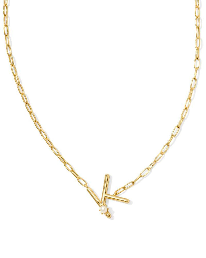 PEARL LETTER K SHORT PENDANT NECKLACE - GOLD WHITE PEARL