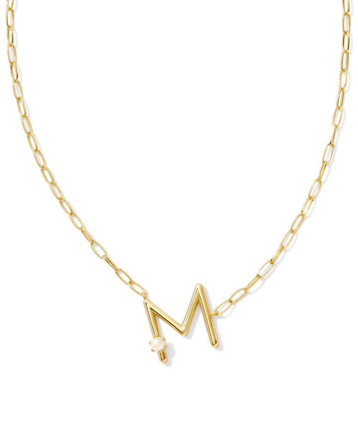 PEARL LETTER M SHORT PENDANT NECKLACE - GOLD WHITE PEARL