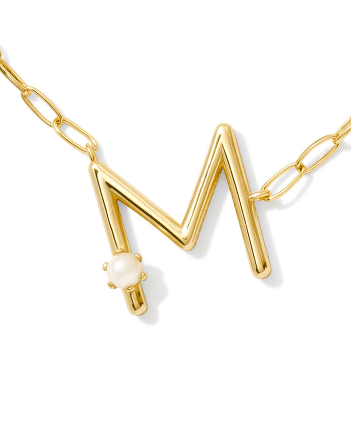 PEARL LETTER M SHORT PENDANT NECKLACE - GOLD WHITE PEARL