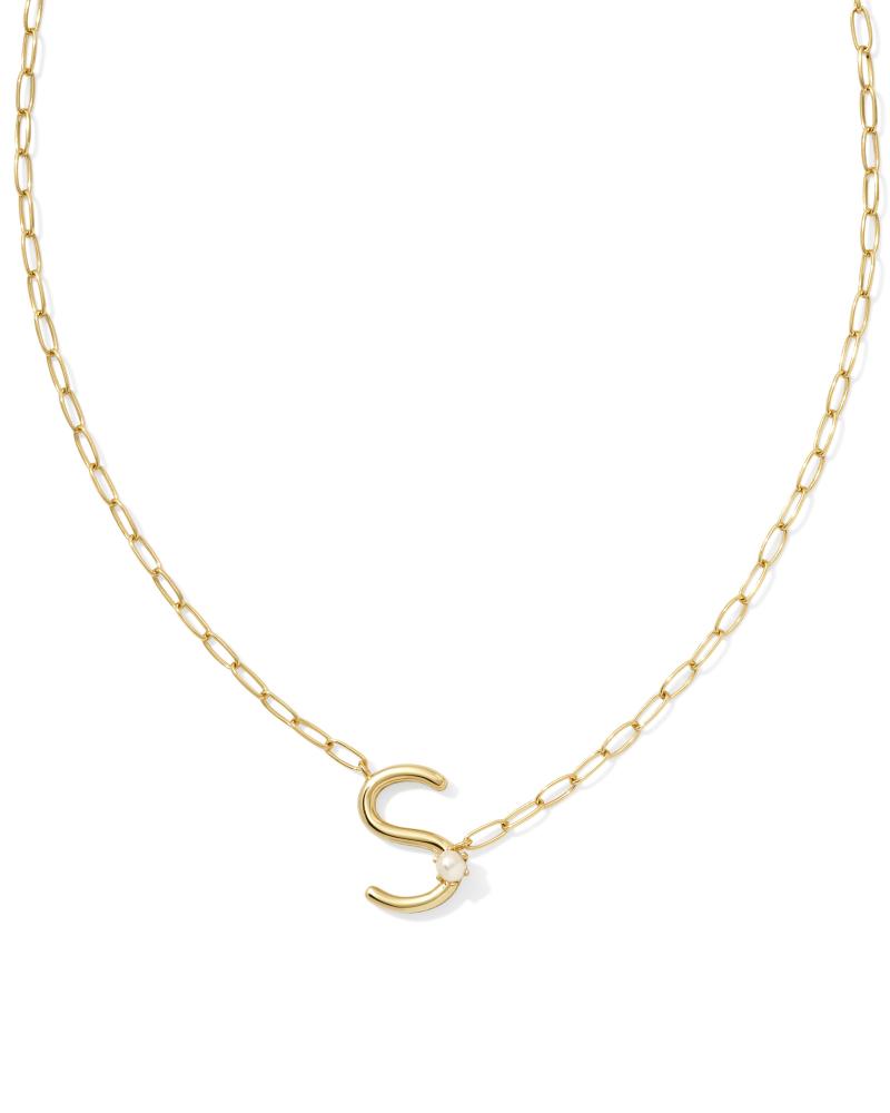 PEARL LETTER S SHORT PENDANT NECKLACE - GOLD WHITE PEARL