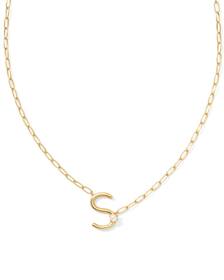 PEARL LETTER S SHORT PENDANT NECKLACE - GOLD WHITE PEARL