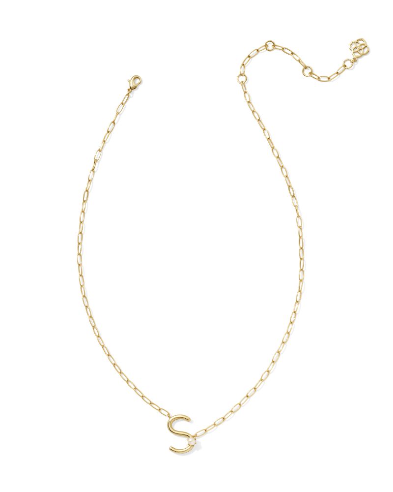 PEARL LETTER S SHORT PENDANT NECKLACE - GOLD WHITE PEARL