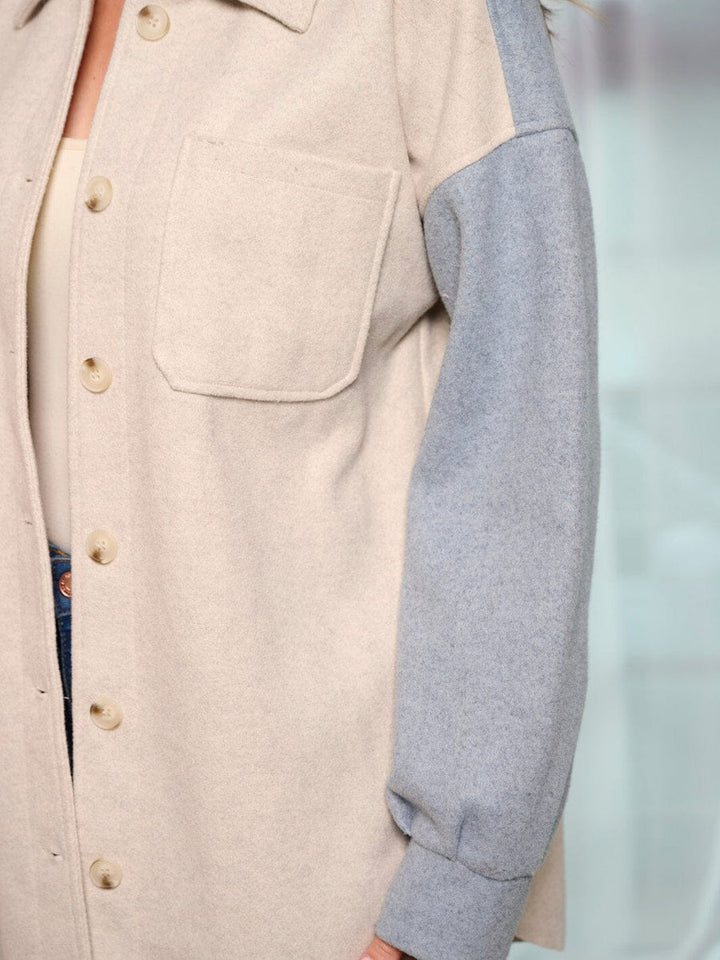 COLOR BLOCKED BUTTON UP SHACKET - OATMEAL/ICE BLUE