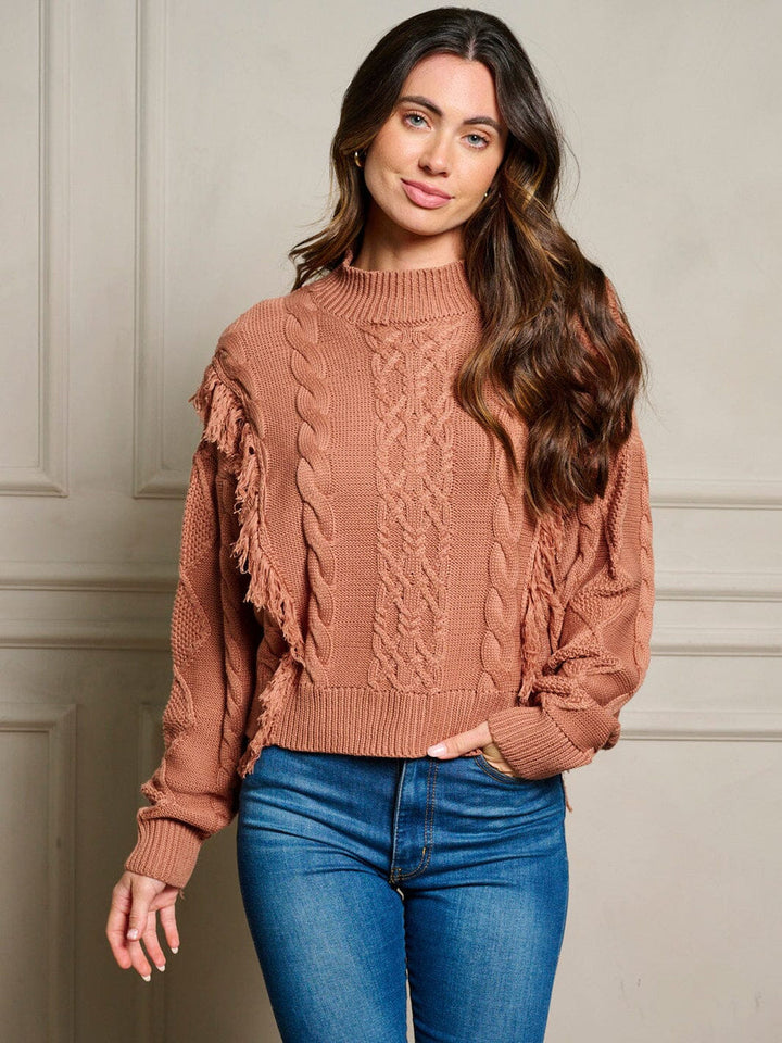 LONG SLEEVE FRINGE TRIM CABLE KNIT SWEATER - RUST