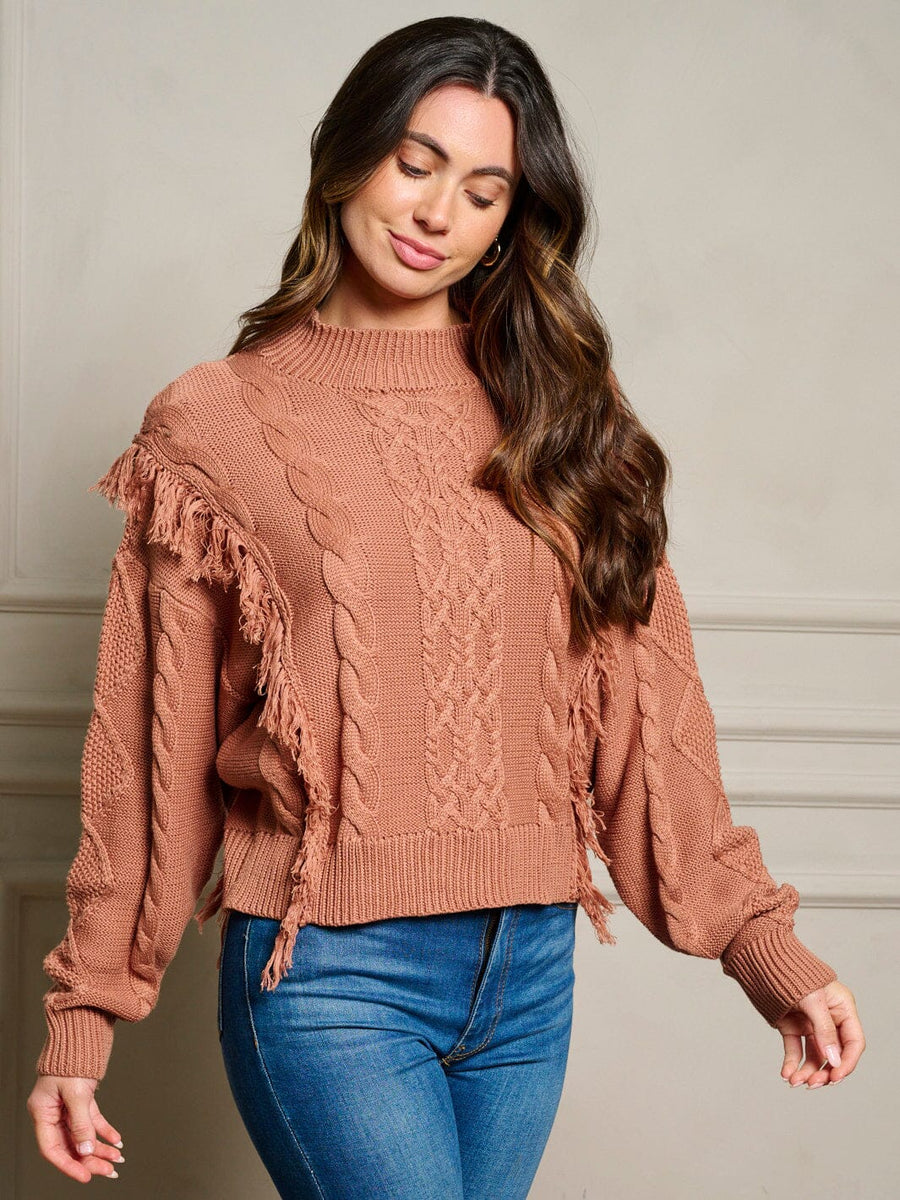 LONG SLEEVE FRINGE TRIM CABLE KNIT SWEATER - RUST