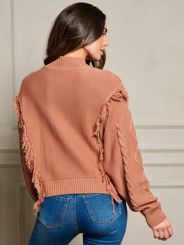 LONG SLEEVE FRINGE TRIM CABLE KNIT SWEATER - RUST