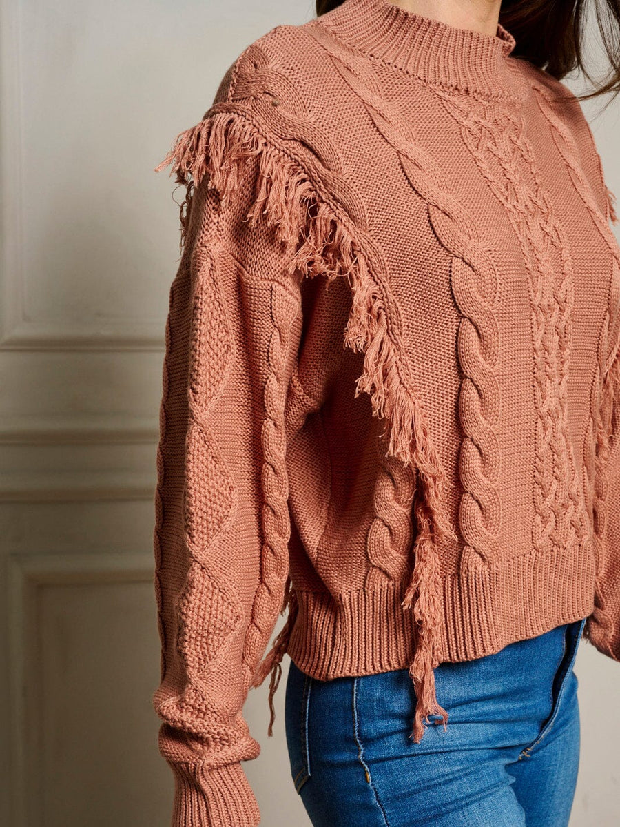 LONG SLEEVE FRINGE TRIM CABLE KNIT SWEATER - RUST