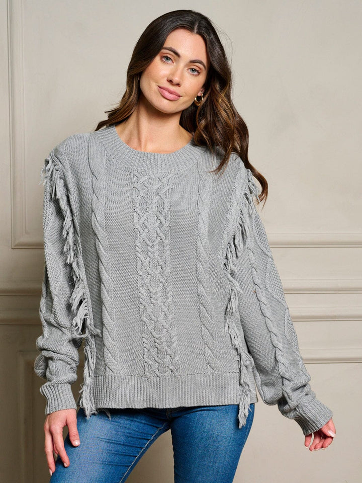 LONG SLEEVE FRINGE TRIM CABLE KNIT SWEATER - GREY