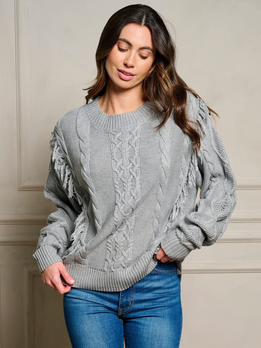 LONG SLEEVE FRINGE TRIM CABLE KNIT SWEATER - GREY