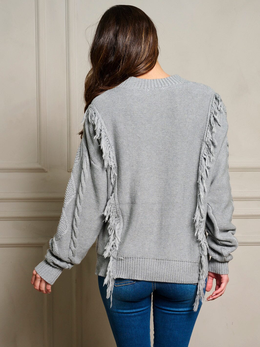 LONG SLEEVE FRINGE TRIM CABLE KNIT SWEATER - GREY