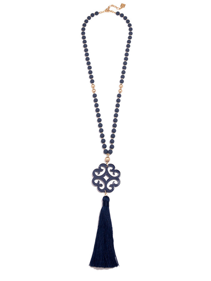 LONG BEADED NECKLACE W/CIRCULAR WAVE PENDANT - NAVY