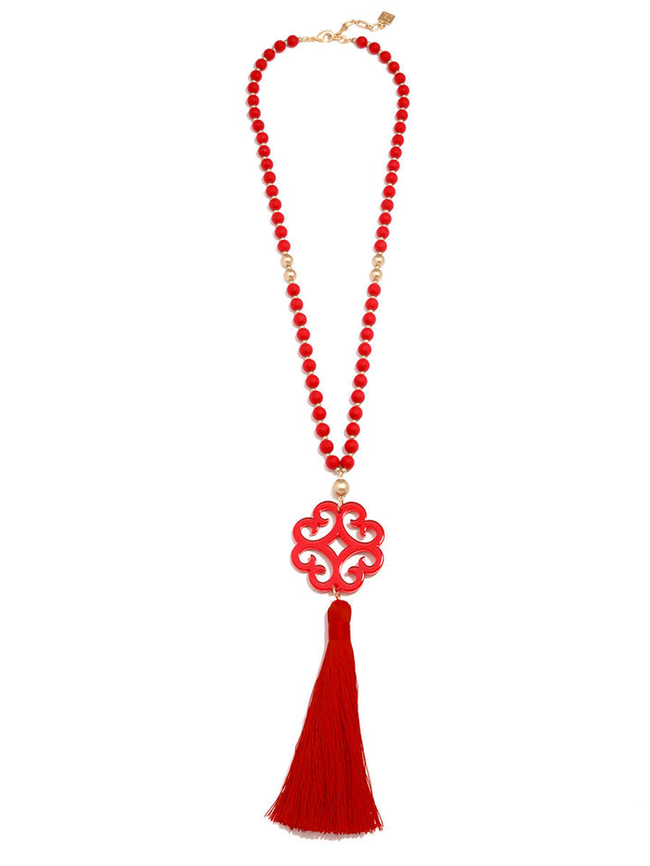 LONG BEADED NECKLACE W/CIRCULAR WAVE PENDANT - RED