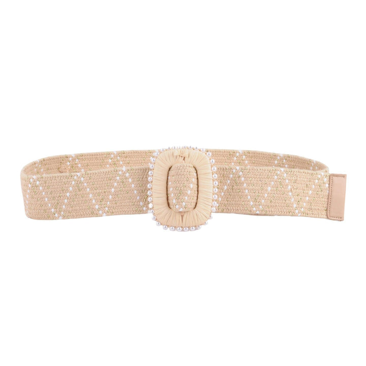 PEARLED BUCKLE STRETCH CHEVRON BELT - BEIGE