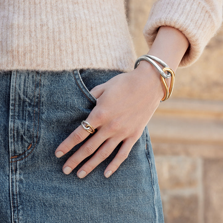 INTERLOK CURVE TWO TONE HINGE BANGLE - SILVER-GOLD