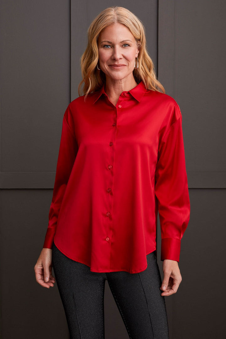 FLOWY SATIN BUTTON UP SHIRT - SCARLET