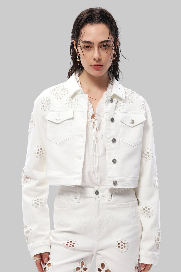 BAYEAS CROPPED EMBROIDERED DENIM JACKET - WHITE