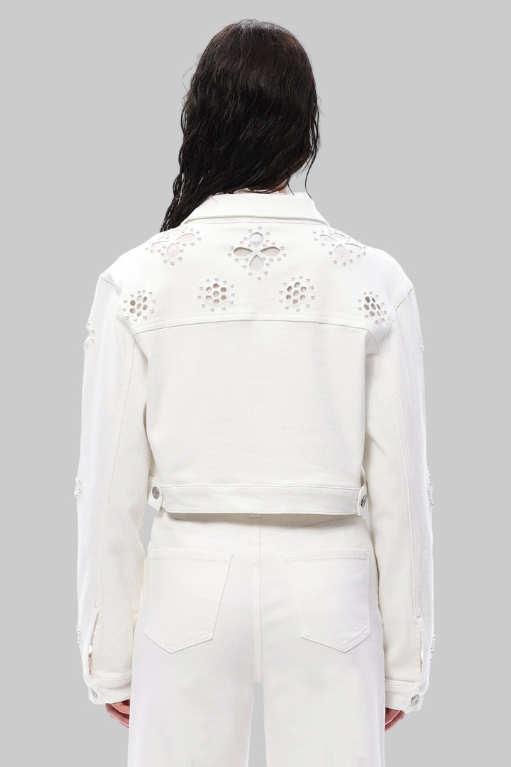 BAYEAS CROPPED EMBROIDERED DENIM JACKET - WHITE