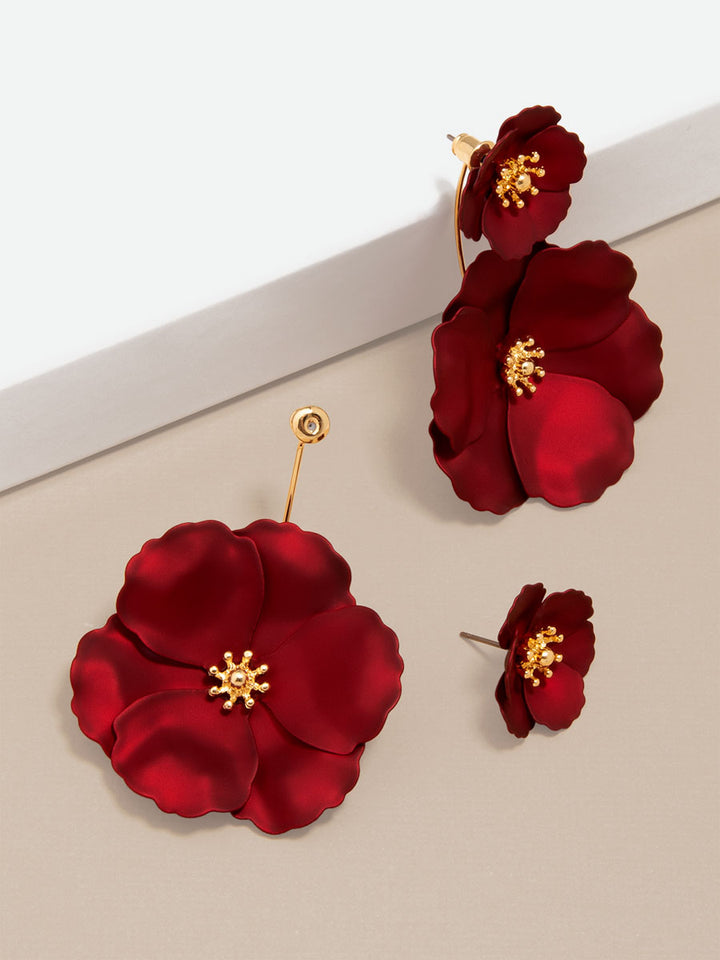 METALLIC DROP EARRINGS 3D FLOWERS - RED
