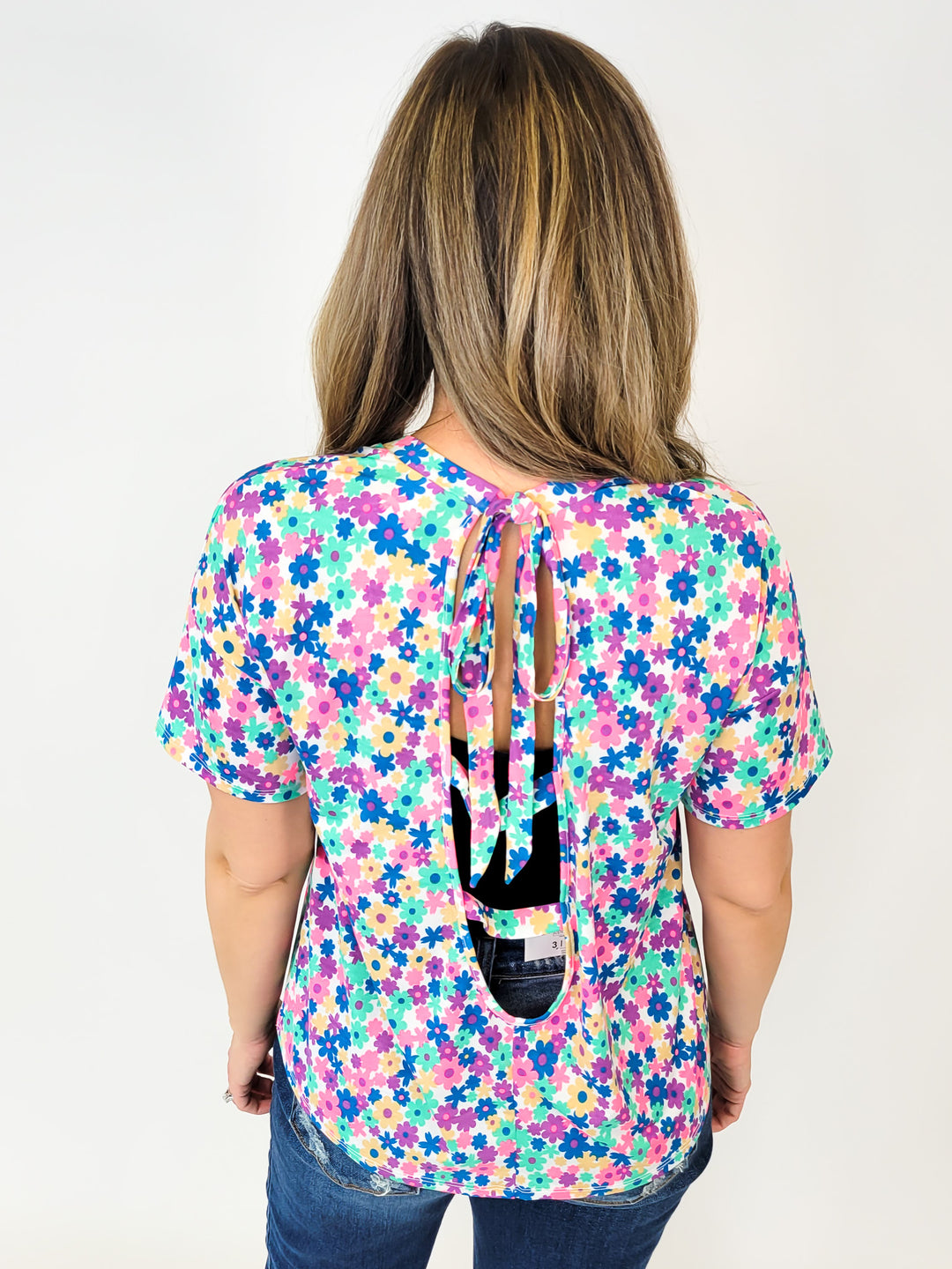 SHORT SLEEVE ROUND NECK FLORAL PRINTED TOP - NEON PINK/ROYAL BLUE