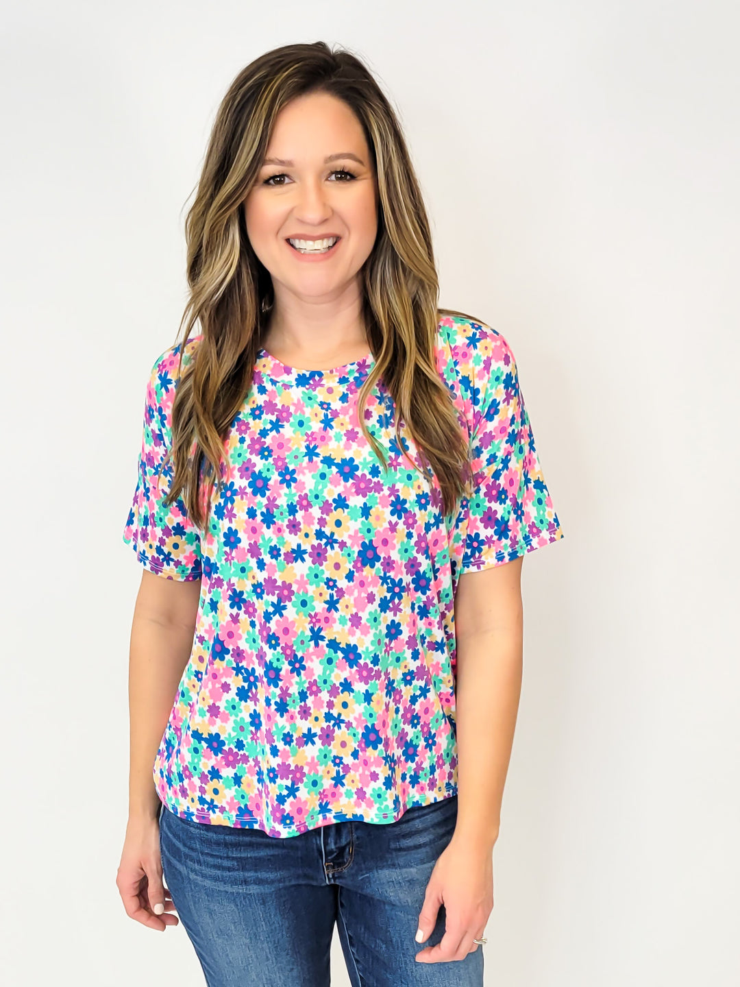 SHORT SLEEVE ROUND NECK FLORAL PRINTED TOP - NEON PINK/ROYAL BLUE